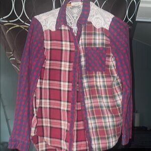 Casual Red and Blue Button Down Shirt with Unique Patterns